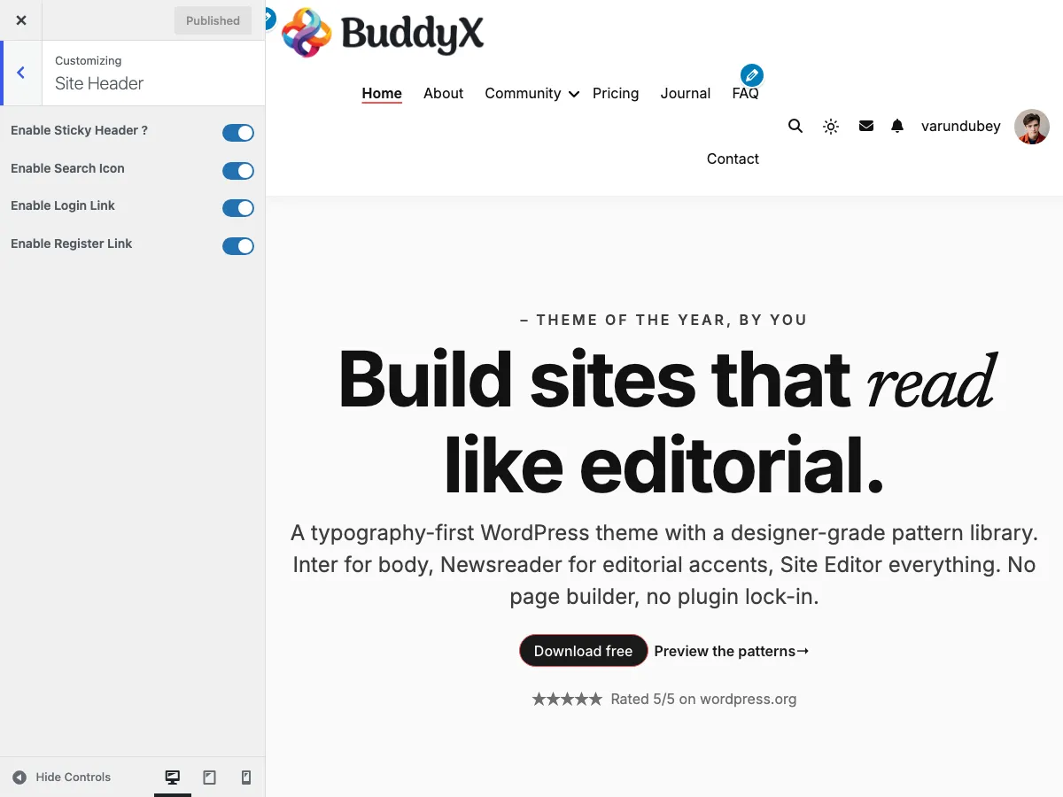 Customizer → Site Header section showing Sticky Header, Search Icon, Login Link, Register Link toggles - all ON by default