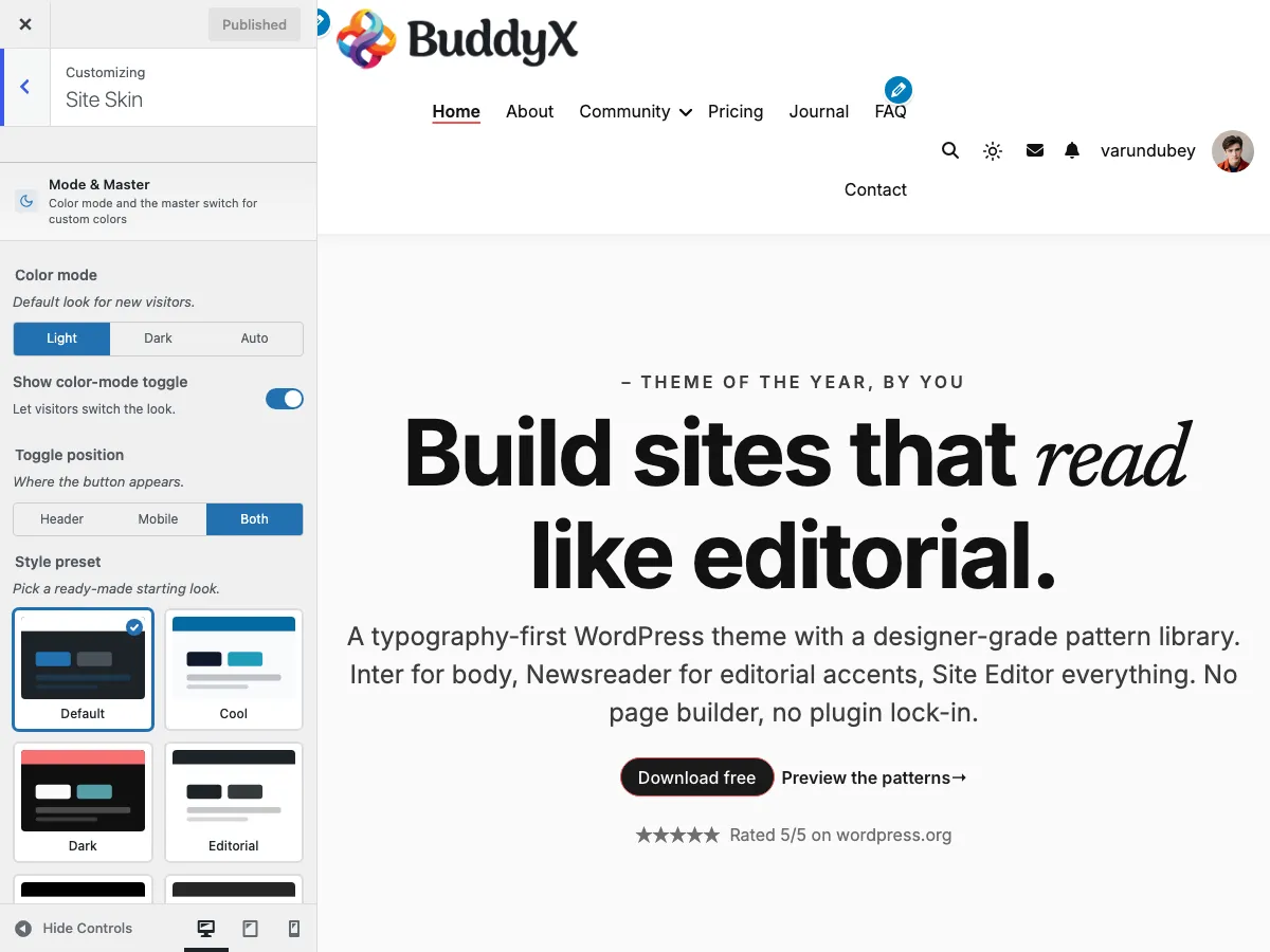 Customizer → Site Skin section showing Color mode (Light/Dark), Show color-mode toggle, Toggle position, and the Style preset picker (Default plus 8 presets)