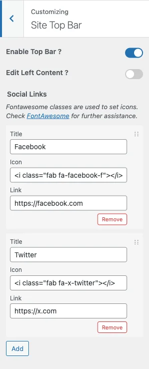Site Top Bar Settings