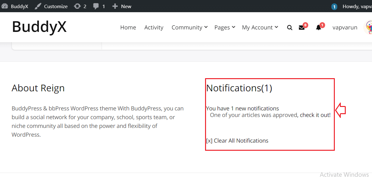 BuddyPress Notification Widget Front-End View