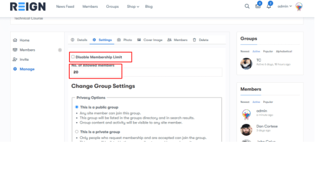 BuddyPress Limit Members Per Group setting