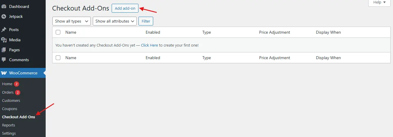 Navigate to Checkout Add-Ons Settings