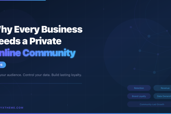 Why every business needs a private online community in 2026 - dark blue infographic with network nodes showing community connections, tag pills for retention, revenue, brand loyalty, and data ownership