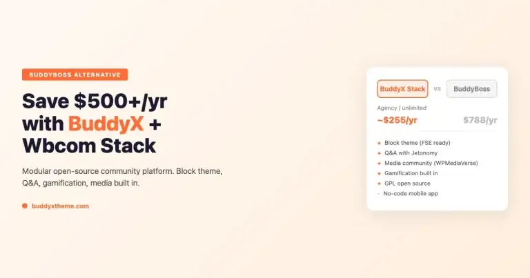 BuddyBoss vs BuddyX Wbcom Stack cost comparison - save over $500 per year with BuddyX Pro, Jetonomy, WPMediaVerse and WP Gamification