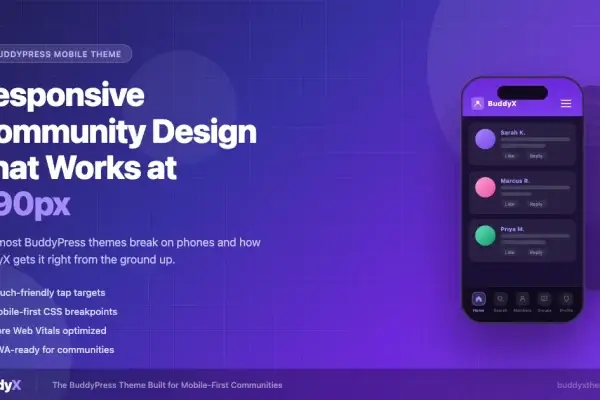 BuddyX theme showing a responsive BuddyPress community activity feed on a mobile phone at 390px viewport