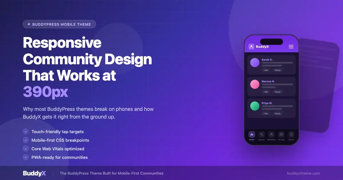 BuddyX theme showing a responsive BuddyPress community activity feed on a mobile phone at 390px viewport