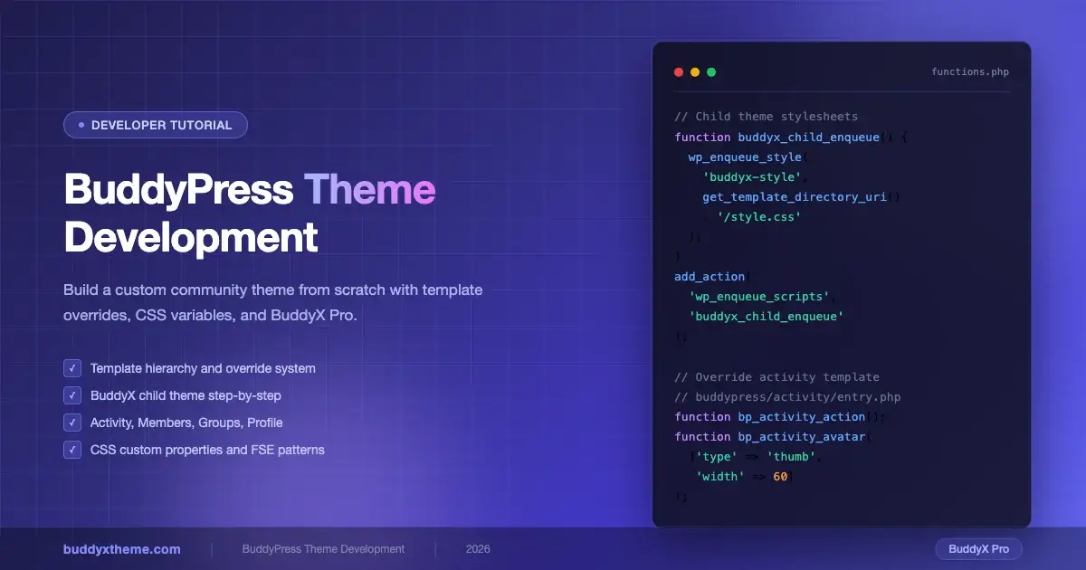 BuddyPress theme development tutorial - code editor showing child theme functions.php with purple developer aesthetic
