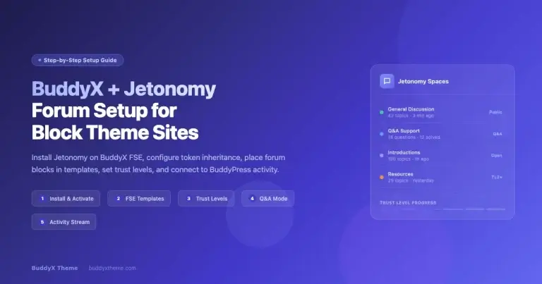BuddyX and Jetonomy forum setup walkthrough for block theme sites showing forum spaces, trust levels, and Q&A mode