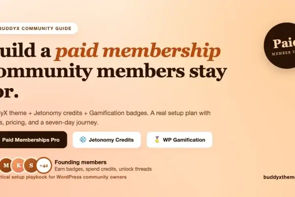 BuddyX community guide cover showing paid membership tiers, Jetonomy credits, and WP Gamification badges with founding member avatars