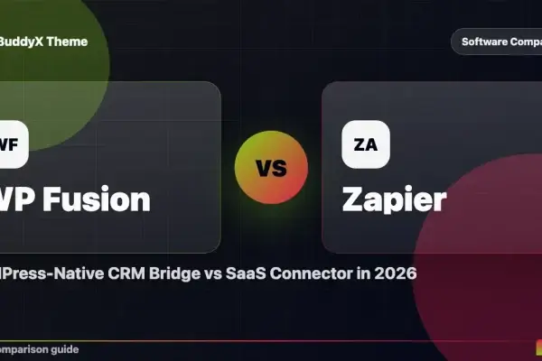 WP Fusion vs Zapier: WordPress-Native CRM Bridge vs SaaS Connector in 2026 comparison graphic