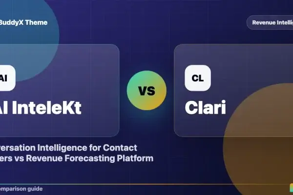 AI InteleKt vs Clari: Conversation Intelligence for Contact Centers vs Revenue Forecasting Platform comparison graphic