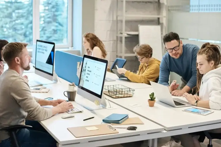 Small business owner using website chat widget to connect with customers