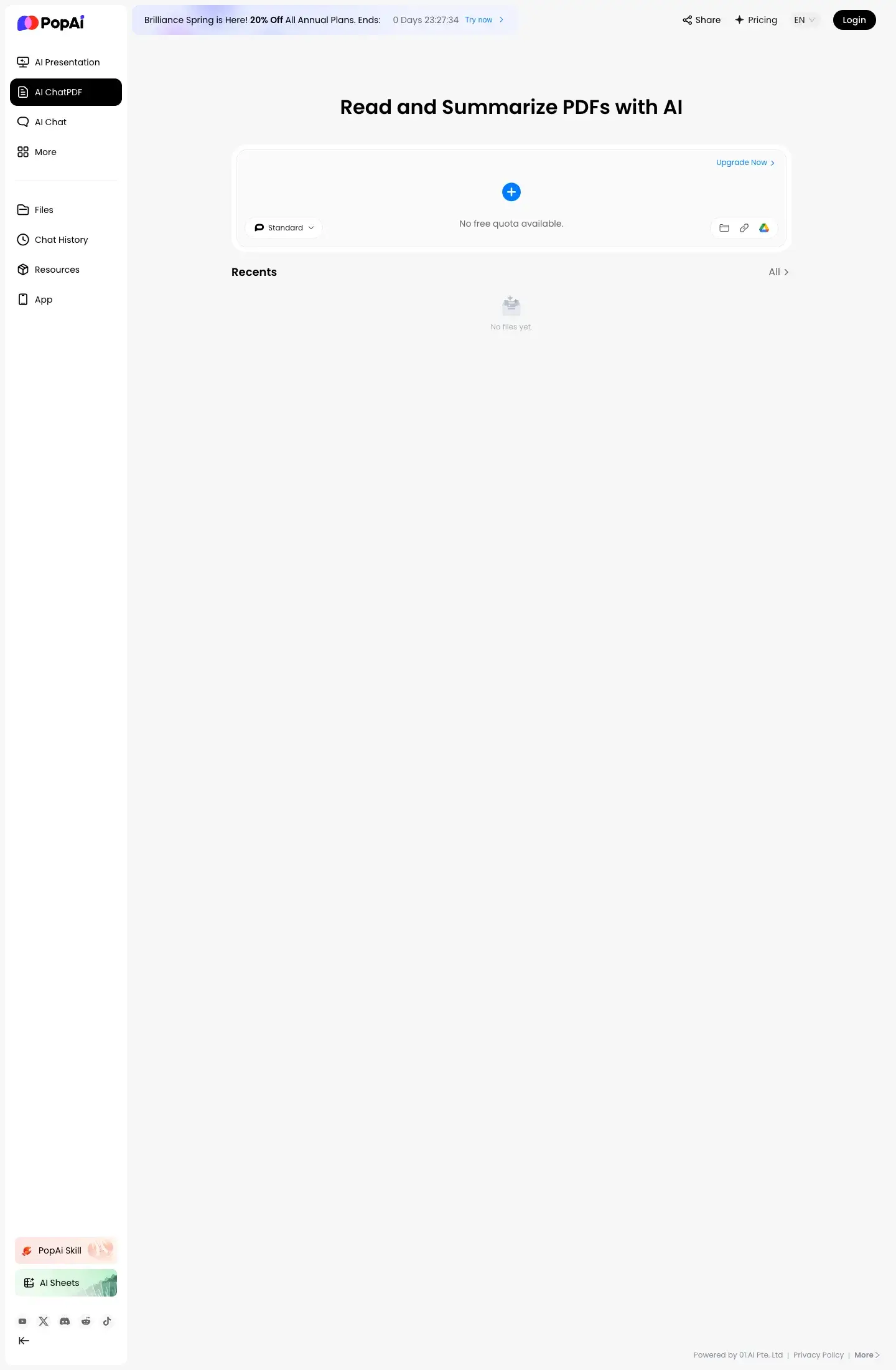 PopAi AI ChatPDF interface for reading and summarizing PDF files