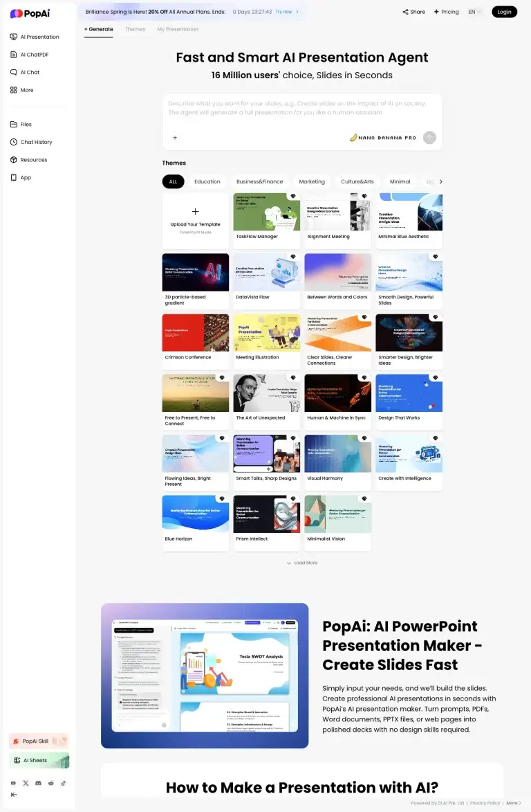 PopAi AI Presentation page showing the slide generator and template categories