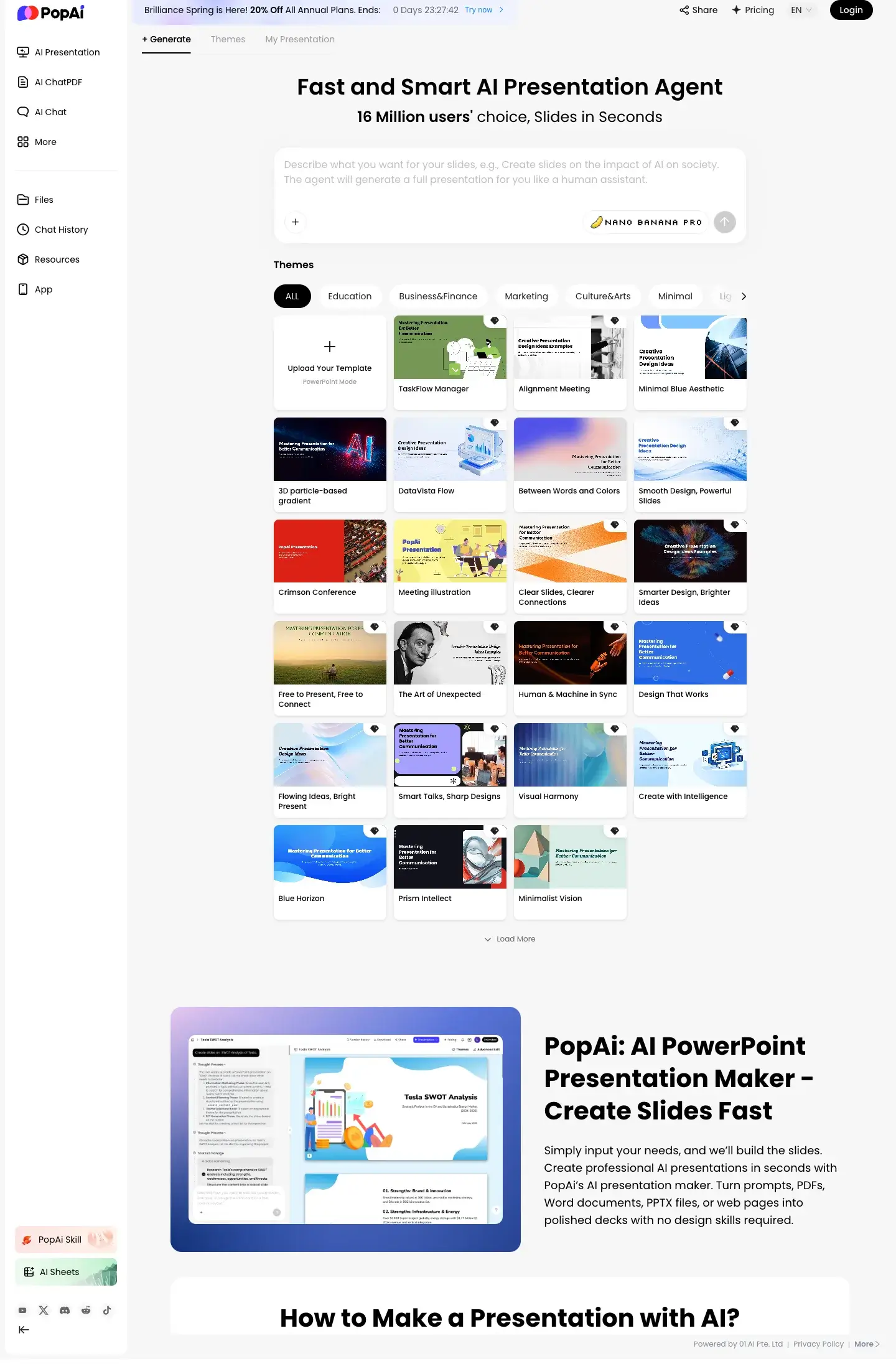PopAi presentation generator showing template themes and presentation cards
