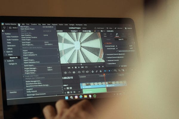 AI video editing software interface on a laptop for cinematic storytelling