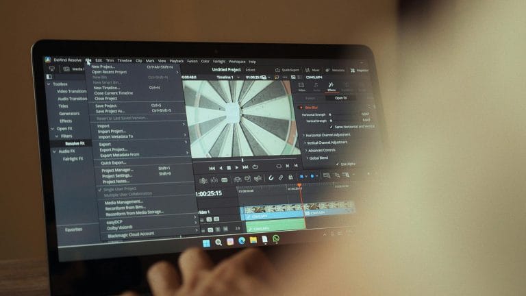 AI video editing software interface on a laptop for cinematic storytelling