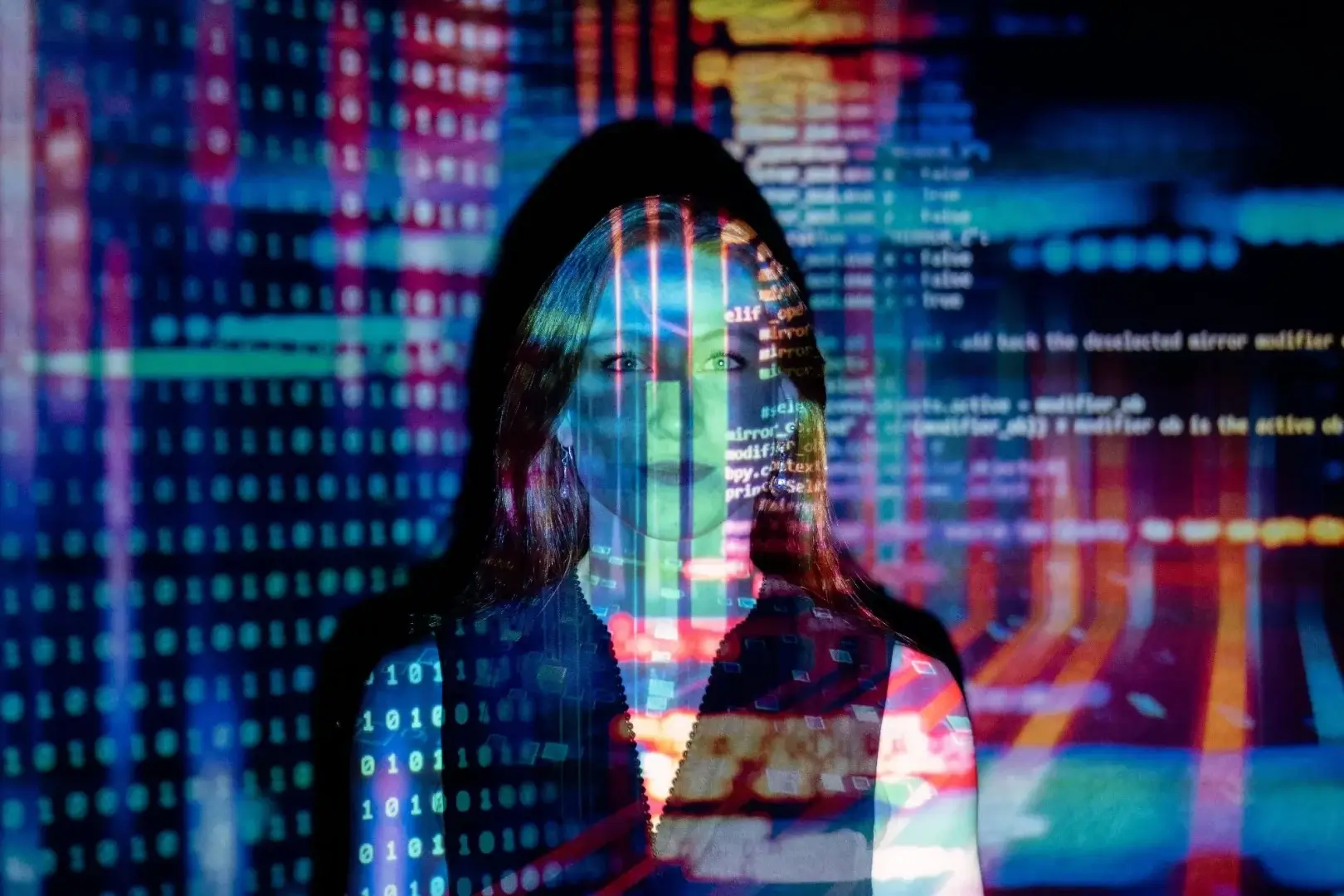 AI search engine data visualization with a person overlaid by code and digital data streams