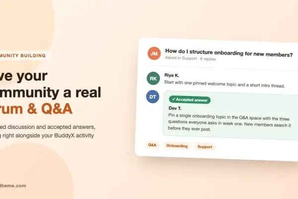Mockup of a BuddyX community Q&A thread with a threaded reply marked as the accepted answer