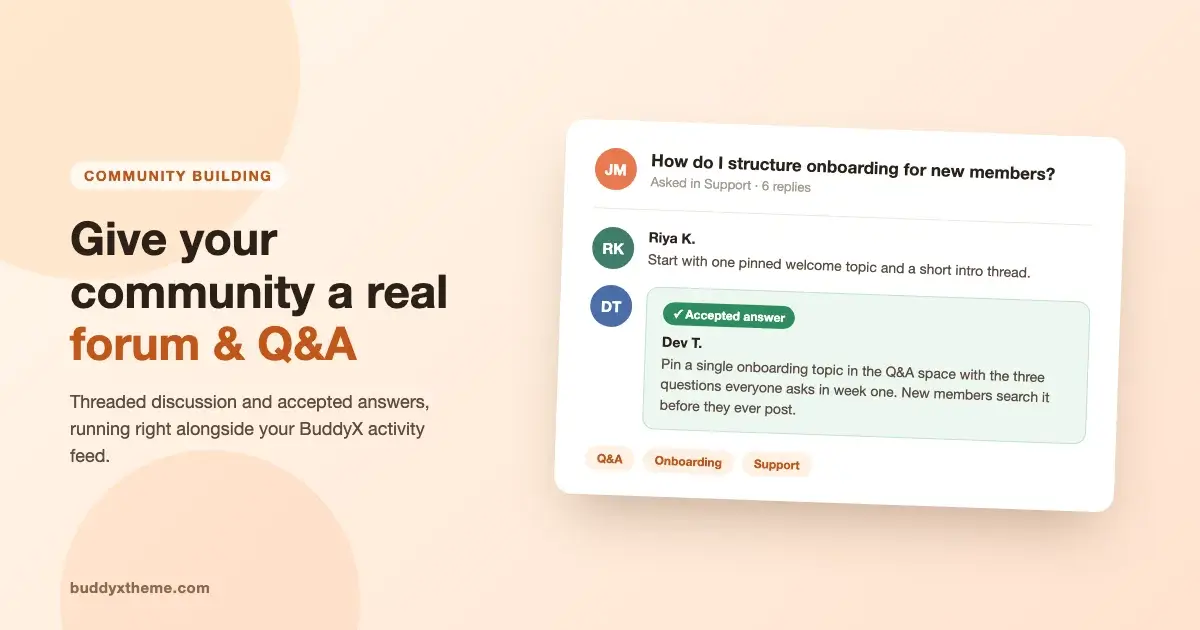 Mockup of a BuddyX community Q&A thread with a threaded reply marked as the accepted answer