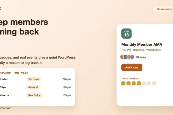 Community dashboard showing a member leaderboard with points and badges next to a recurring event RSVP card, illustrating WordPress community engagement