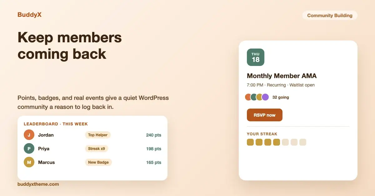 Community dashboard showing a member leaderboard with points and badges next to a recurring event RSVP card, illustrating WordPress community engagement