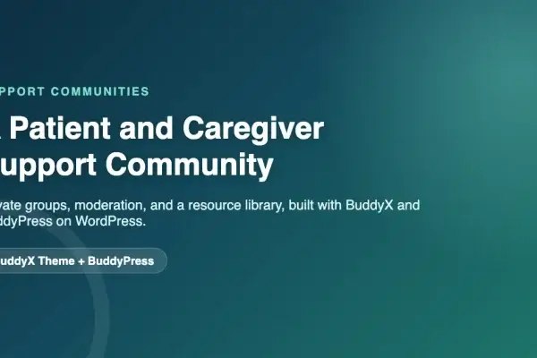Patient and caregiver support community banner featuring BuddyX and BuddyPress on WordPress