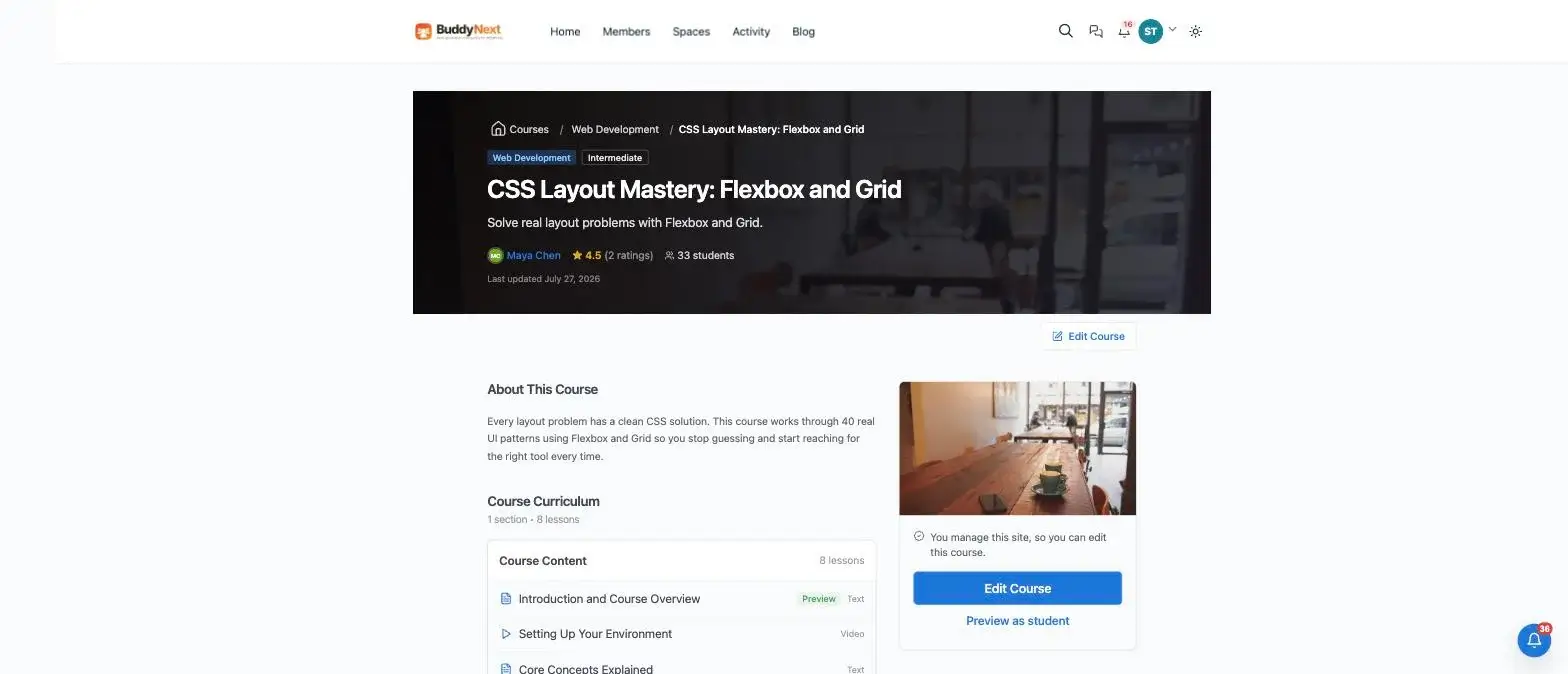 A CSS Layout Mastery course page showing instructor, rating, student count and an eight lesson curriculum with video and text lessons, running inside a self-hosted WordPress community