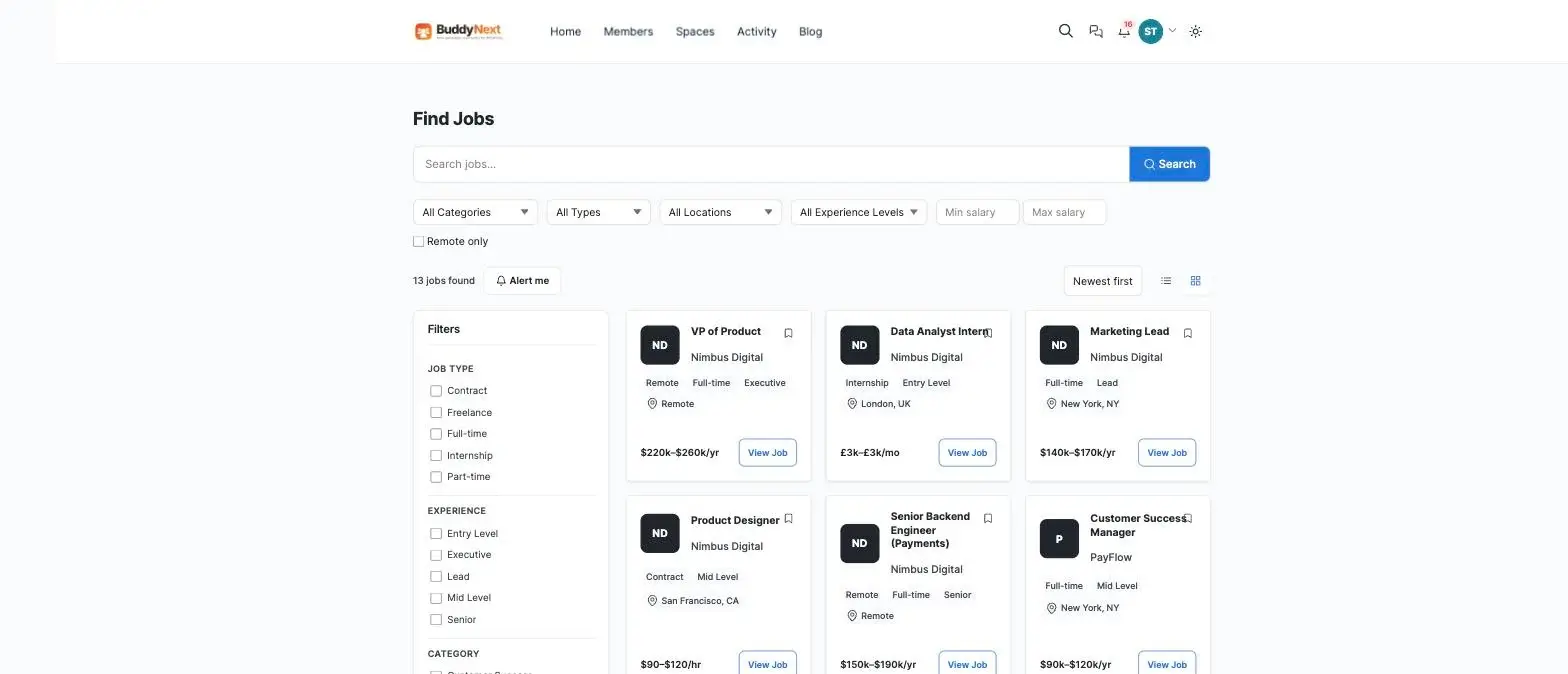 Community job board showing thirteen open roles with salary ranges, remote filters, job type and experience level facets, powered by WP Career Board on WordPress