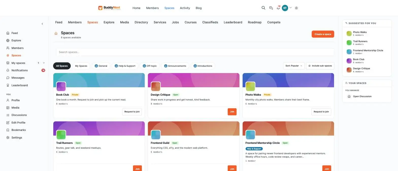 BuddyNext spaces directory showing open and private community groups such as Book Club, Design Critique, Photo Walks and Frontend Guild with member counts and join buttons