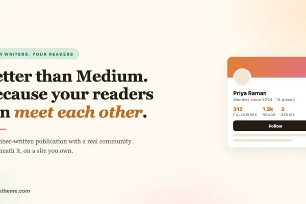 Title card reading Better than Medium, because your readers can meet each other, beside a member author profile card showing followers, reads, series and a follow button