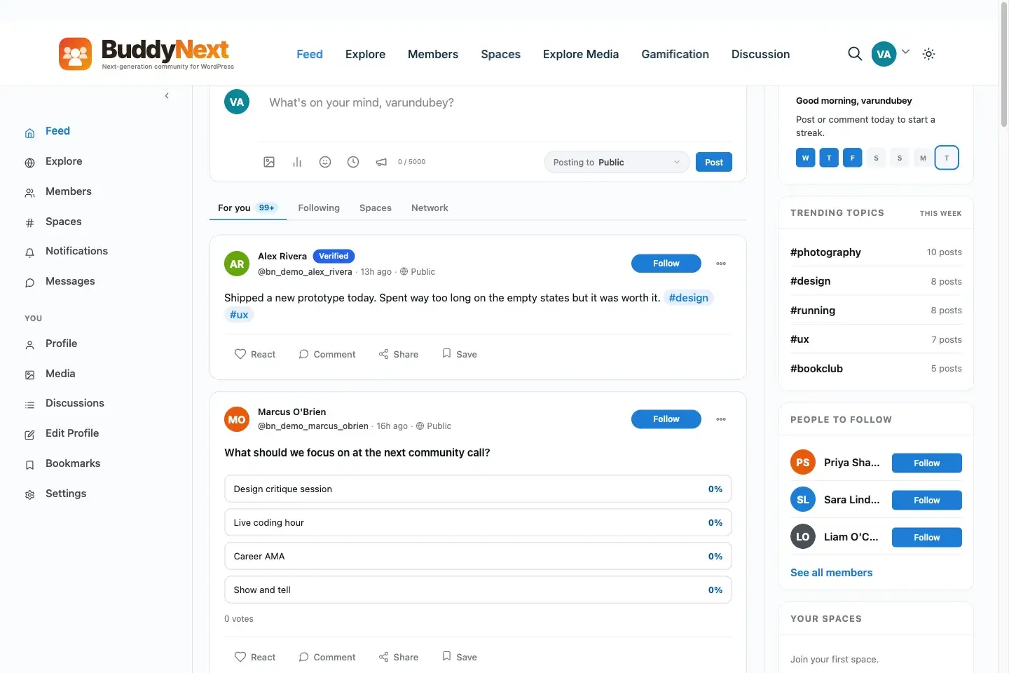 BuddyNext activity feed with reactions, threaded comments, and Spaces tab, included free