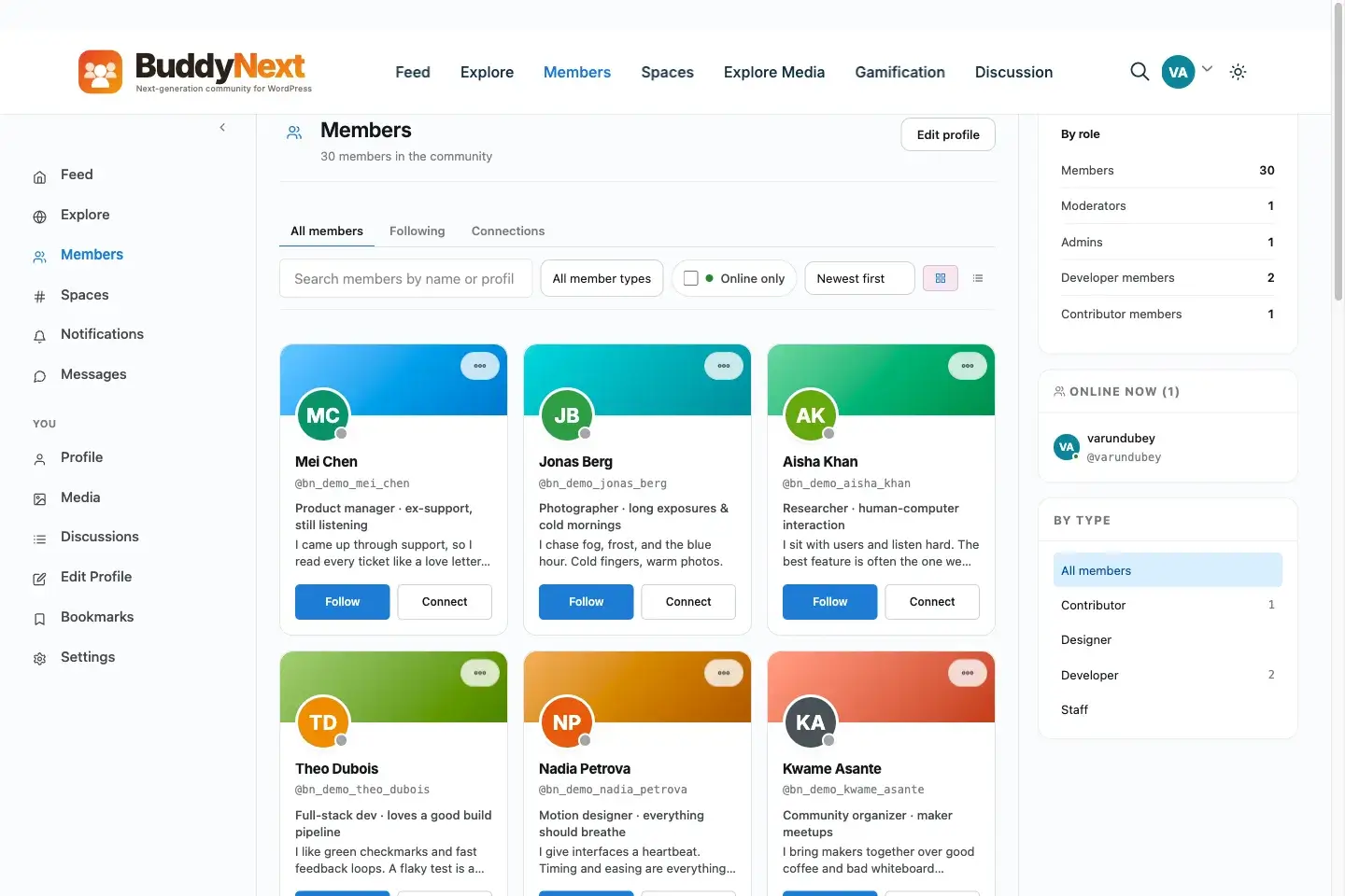 BuddyNext member directory with search and filtering