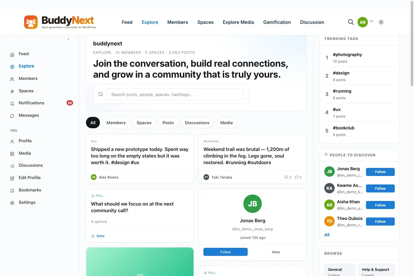 BuddyNext explore and search interface running on a self-hosted WordPress site