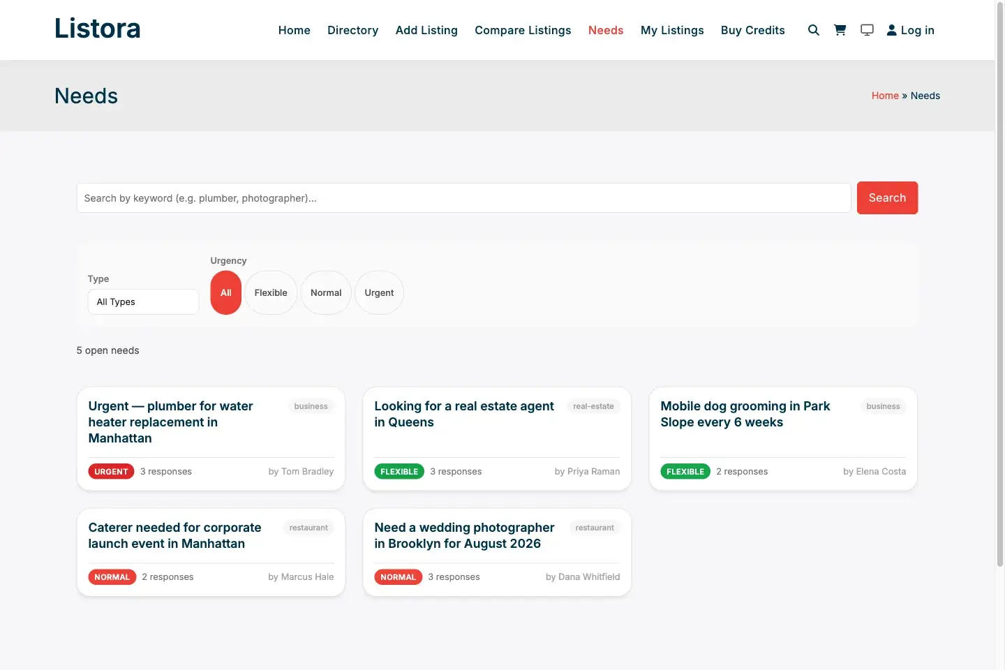 Listora Needs Marketplace showing a member need post with business responses, the reverse directory feature