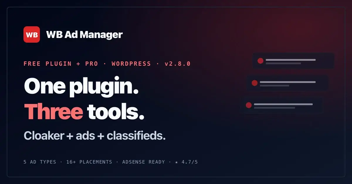 WB Ad Manager affiliate link cloaker interface used to manage disclosed affiliate links on a community site