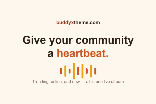 Warm cream card reading Give your community a heartbeat, with a pulse waveform graphic and the buddyxtheme.com brand mark