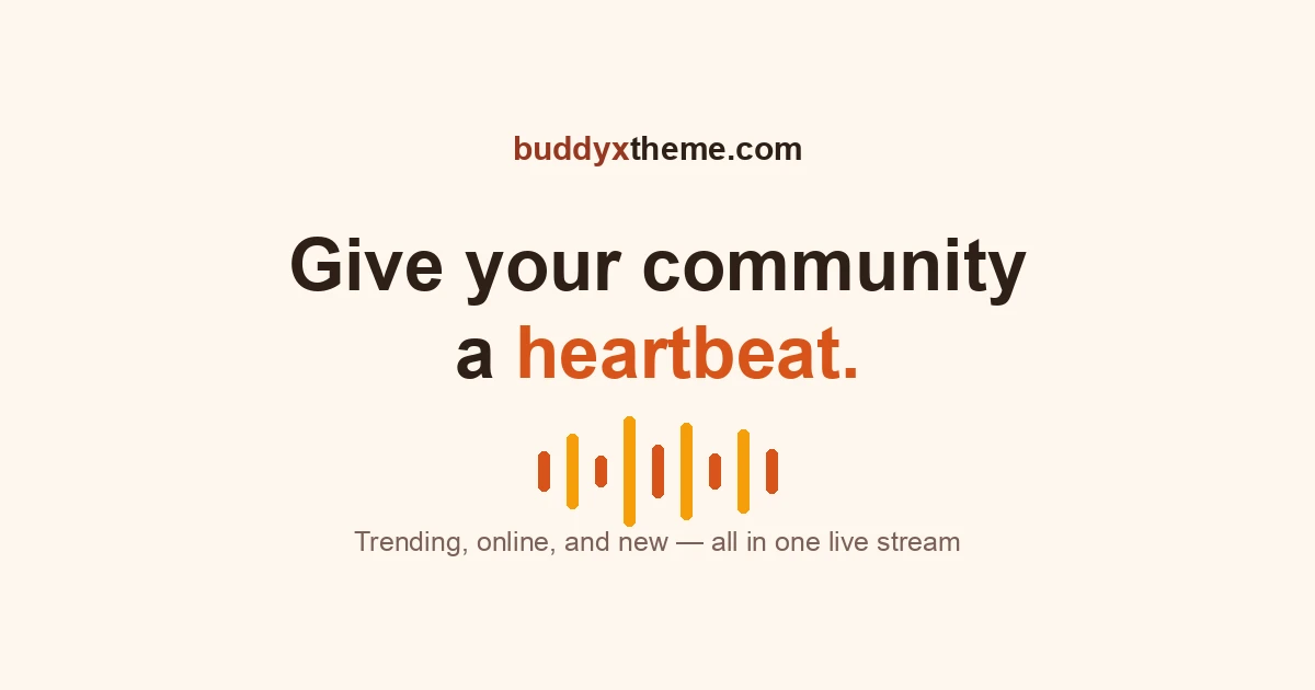Warm cream card reading Give your community a heartbeat, with a pulse waveform graphic and the buddyxtheme.com brand mark