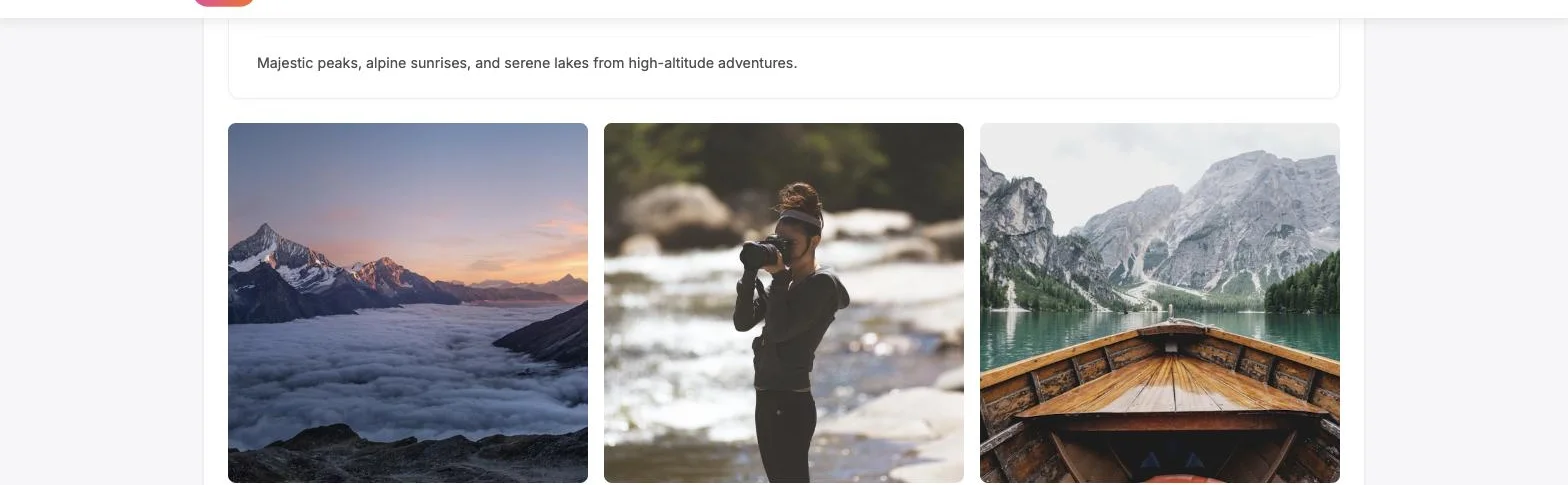 A real member-created album (Mountain Escapes) in WPMediaVerse, a WordPress photo album plugin, showing its description and photo grid