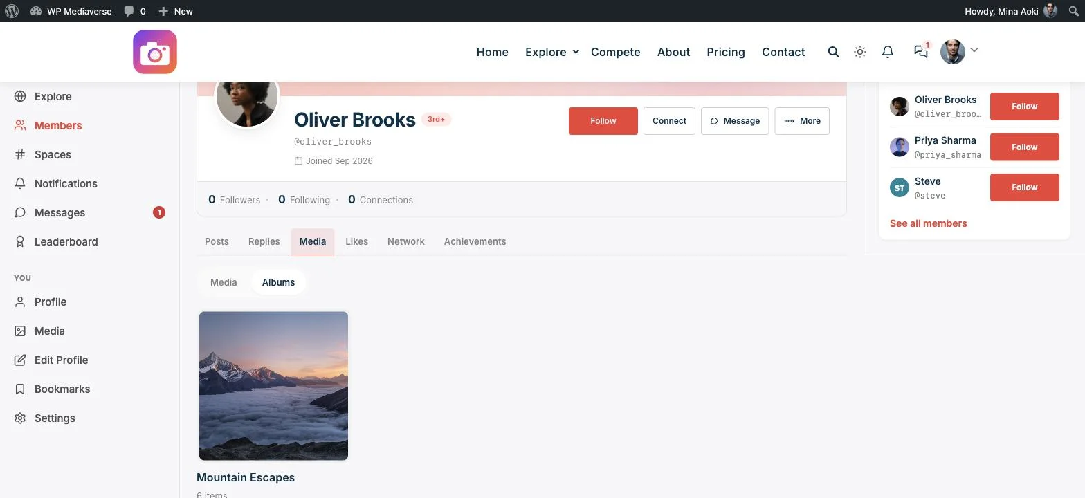 A member's profile showing their Albums tab with a created album, WPMediaVerse