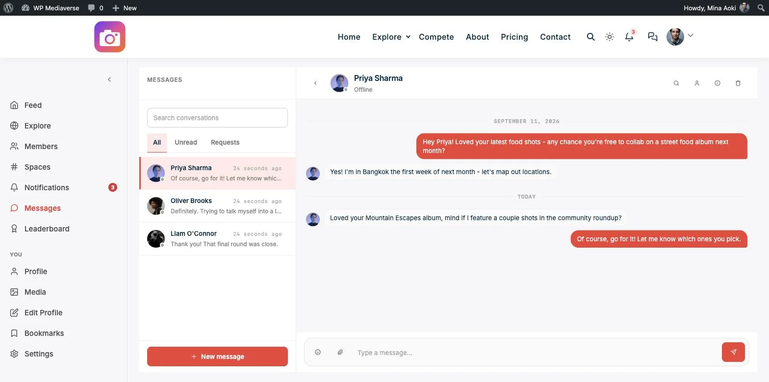 WPMediaVerse Messages page, an example of WordPress private messaging plugins in action, showing a conversation list and an active thread between two members