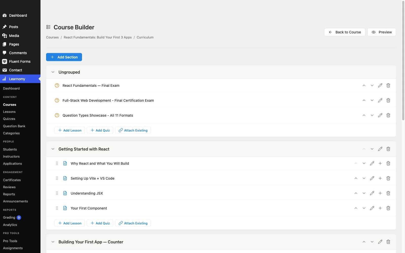 Learnomy drag-and-drop course structure builder with tree view of sections and lessons
