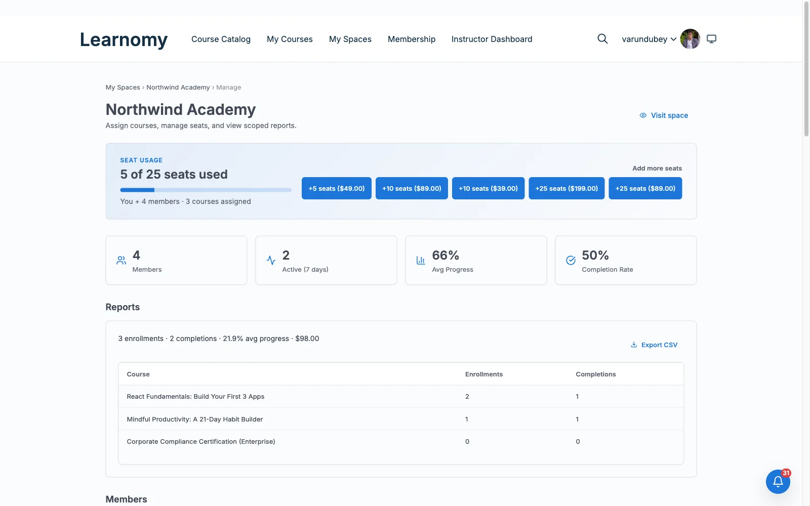 Learnomy B2B space detail showing seat packs and member statistics