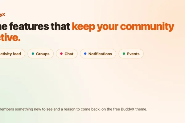 BuddyX card: the features that keep your community active, with chips for activity feed, groups, chat, notifications and events
