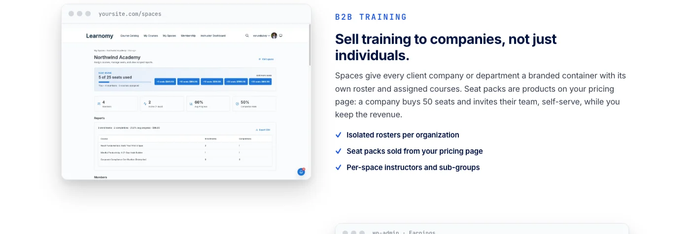 Learnomy B2B team training screen showing a company managing seats and roster for cohort training