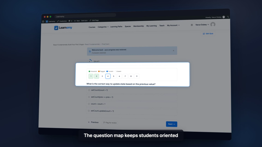 WordPress exam question map with flag for review in Learnomy quiz player