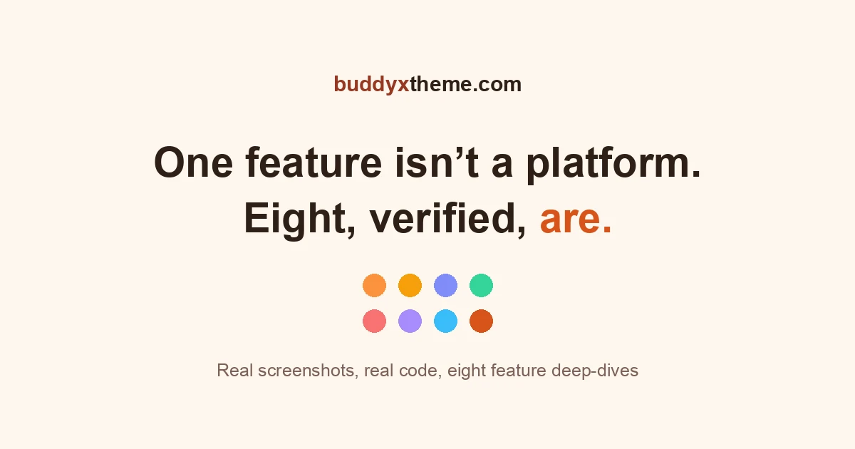 Warm cream card reading One feature isn't a platform, Eight verified are, with an eight-dot grid representing eight feature guides