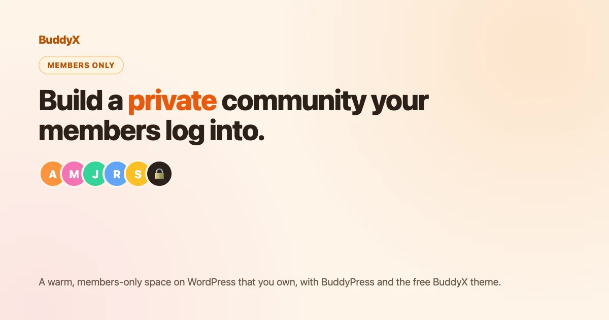 BuddyX card showing a members-only community with member avatars and a lock, build a private community your members log into