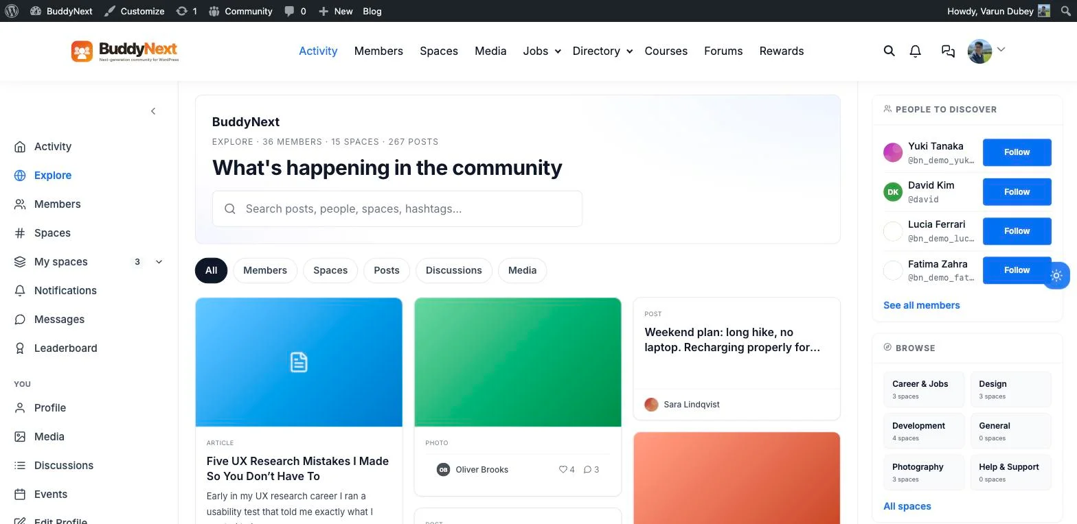 Real BuddyNext Explore page blending new members, posts, and spaces into one discovery grid