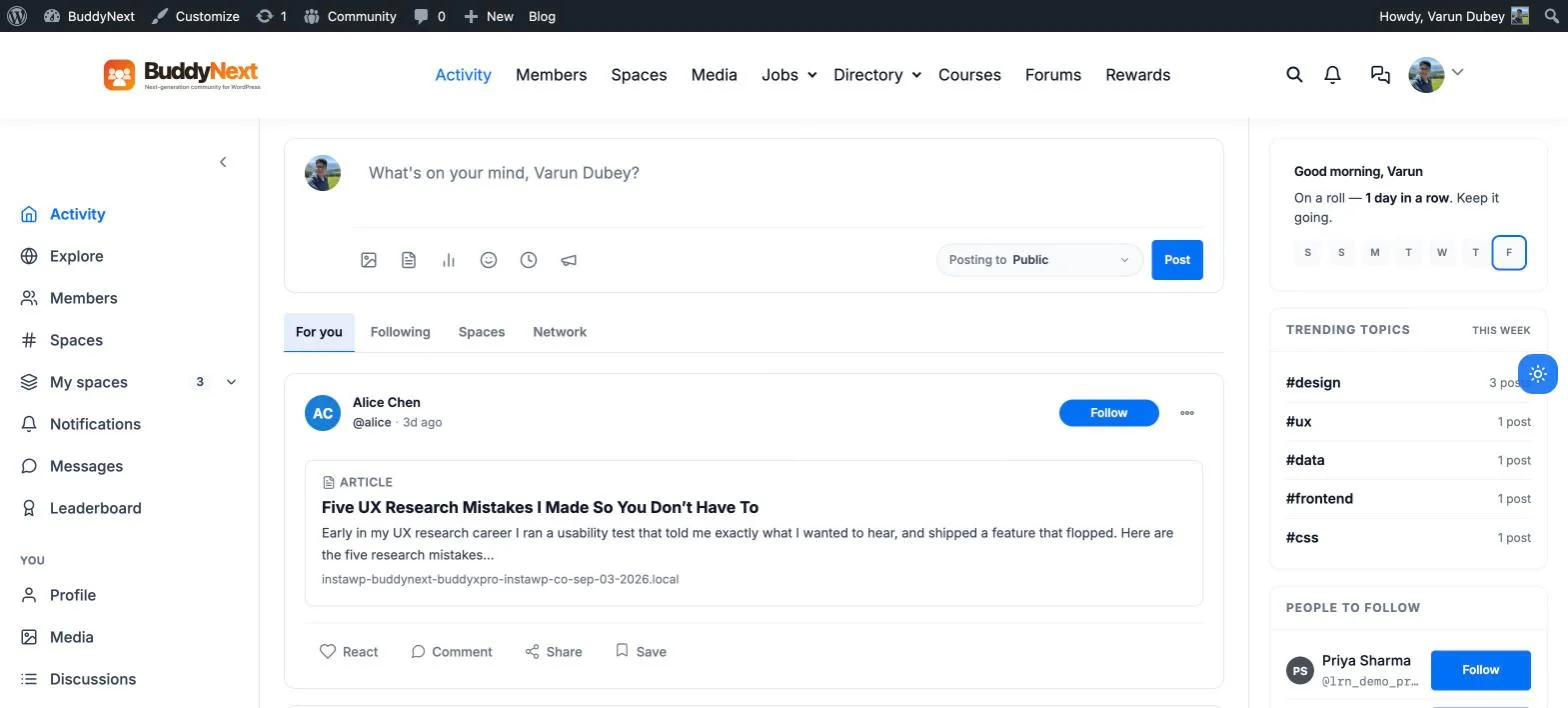Real BuddyNext activity feed showing a streak card, trending hashtags, and the post composer